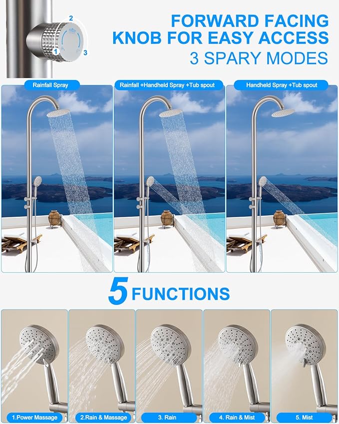 Free Standing Outdoor Shower, 5-Function Shower Kit Nickel with 10''Rain Shower Head, Stainless Steel Outdoor Shower Fixture for Backyard Beach Poolside,Floor Mounted