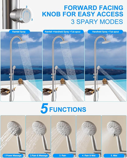 Free Standing Outdoor Shower, 5-Function Shower Kit Nickel with 10''Rain Shower Head, Stainless Steel Outdoor Shower Fixture for Backyard Beach Poolside,Floor Mounted