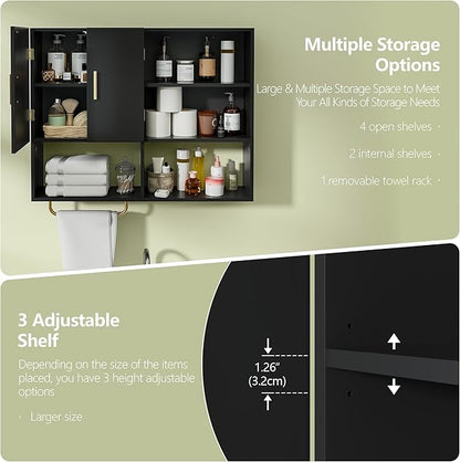 Bathroom Wall Cabinet Wood Large Wall Mounted Medicine Cabinet with 2 Doors and 4 Open Shelves Over Toilet Storage Cabinet Organizer with Towel Bar, Black