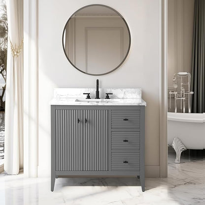 Vanity Art 36 inch Bathroom Vanity with Single Sink & Ceramic Top, Vanity Cabinet with Soft-Closing Door, Solid Wood Frame, Linear Pattern, Cashmere Gray, VA9136-G-MB,Matte Black Handles