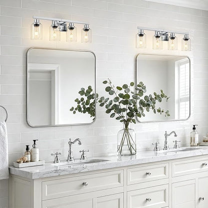 4-Light Chrome Vanity Lights,24" Bathroom Light Fixtures | Modern Polished Chrome Bathroom Lighting over Mirror with Clear Glass Shades,Farmhouse Bathroom Wall Sconece over Sink,E26