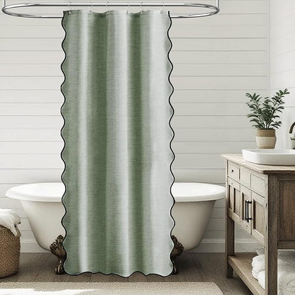 BTTN Boho Stall Shower Curtain, 36x72 Half Scalloped Linen Textured Heavy Duty Fabric Shower Curtain Set with 6 Hooks, Small Rustic Farmhouse Waterproof Cloth Shower Curtain for Bathroom, Sage Green
