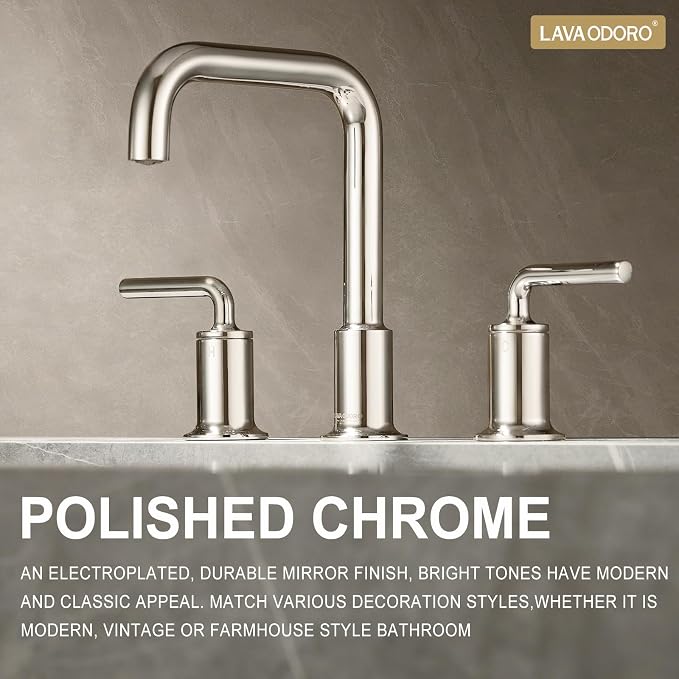 3 Hole Bathroom Faucet, Chrome Solid Brass Bathroom Faucet | 8 inch Widespread Bathroom Faucet, 2 Handle Bathroom Faucets with Drain Assembly Supply Line, Vanity Sink Faucet BF503-C