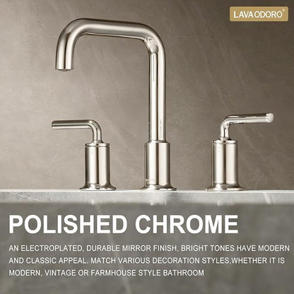 3 Hole Bathroom Faucet, Chrome Solid Brass Bathroom Faucet | 8 inch Widespread Bathroom Faucet, 2 Handle Bathroom Faucets with Drain Assembly Supply Line, Vanity Sink Faucet BF503-C