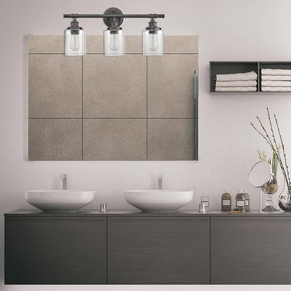 Globe Electric 51415 Camden 5-Piece All-in-One Bathroom Set, 3 Vanity Light with Seeded Glass Shades, Bar, Towel Ring, Robe Hook, Toilet Paper Holder, Bronze