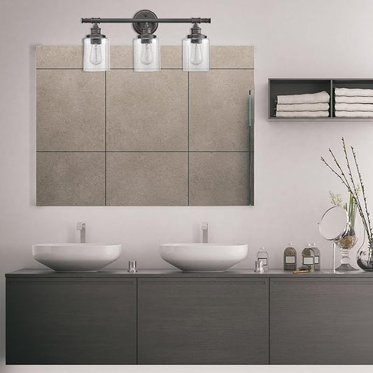 Globe Electric 51415 Camden 5-Piece All-in-One Bathroom Set, 3 Vanity Light with Seeded Glass Shades, Bar, Towel Ring, Robe Hook, Toilet Paper Holder, Bronze