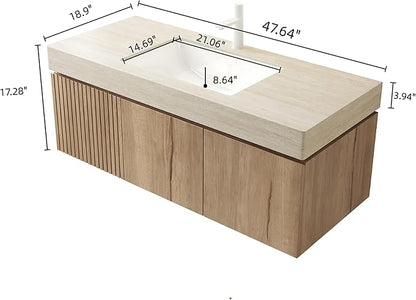 LKTART Floating 48 Inch Bathroom Vanity with Sink, Modern Plywood Wall Mounted Bathroom Storage Cabinet with 2 Doors and 1 Drawer, Roma Travertine-Pattern Sintered Stone Countertop and Ceramic Basins