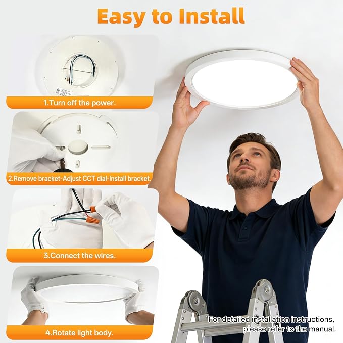 12Inch 4Pack LED Flush Mount Ceiling Light,5CCT,ETL Listed,Dimmable White | Hardwired 5CCT Selectable 2700K-5000K,24W 3200LM Dimmable Round Flat Panel Light Fixture for Bedroom,Kitchen,Bathroom&Indoor