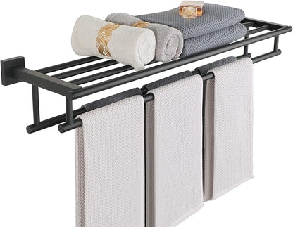 Alise Towel Rack for Bathroom Wall Mount,Double Towel Bars with Shelf,SUS304 Stainless Steel Towel Holder for Bathroom,Matte Black Towel Hanger for Bathroom,32 Inch