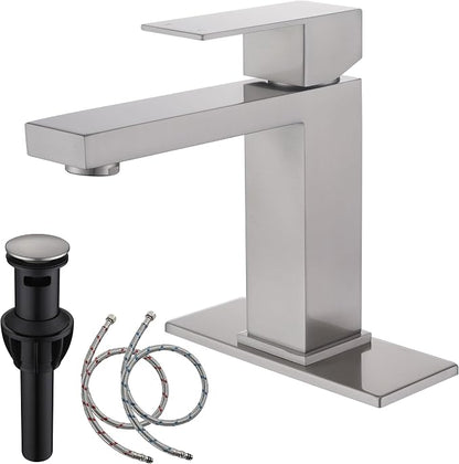 Single Hole Bathroom Faucet, Brushed Nickel Bathroom Sink Faucet | Single Handle 1 Hole Faucet for Bathroom Sink with Pop Up Stopper, Stainless Steel Vanity Faucet