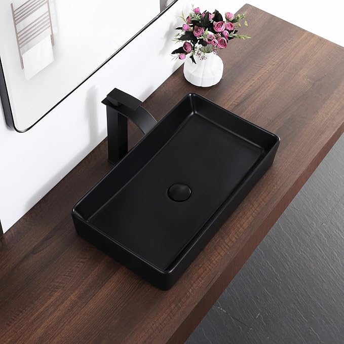 Black Vessel Sink Rectangle 24"x14" Bathroom Sink Above Counter Porcelain Ceramic Small Sink Bowl Ceramic Vessel Sinks for Bathrooms