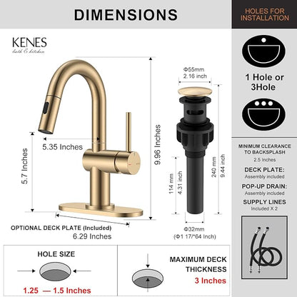 Champagne Bronze Pull Down Bathroom Faucet, 1 Handle Vanity Faucet | Bathroom Sink Faucet with Pop Up Drain & 6 Inch Deck Plate, Lead-Free cUPC & NSF Certified, 1 Hole Faucet for Vanity RV Bar