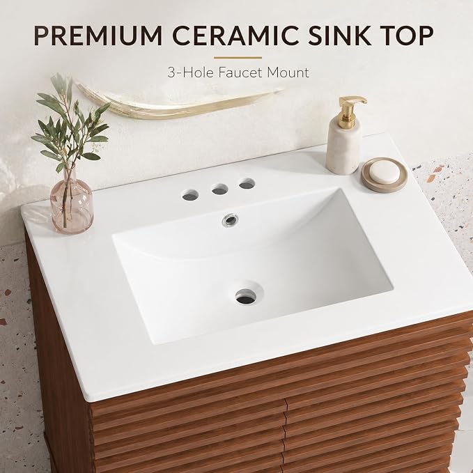 30 Inch Bathroom Vanity with Sink, Walnut Fluted Freestanding Bathroom Vanity Cabinet with Ceramic Sink Top, Solid Wood Legs, Soft Close Double Doors and Modern Storage Cabinet