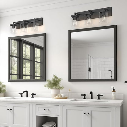 Bathroom Lighting Fixtures Over Mirror, Square Design & Rectangle Large Backplate, 3 Lights Morden Vanity Lighting Fixtures, Bathroom Light Fixtures for Bathroom/Living Room/Bedroom, Black