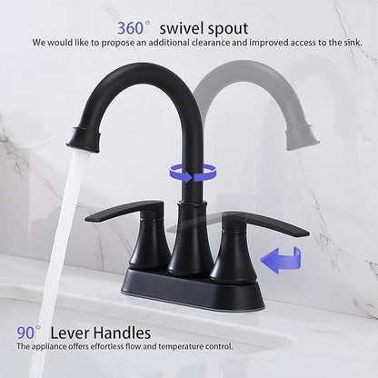 Lead-Free Matte Black Bathroom Sink Faucet, 2 Handle 4 Inch Centerset Faucet, Modern 360° Swivel High-Arc Spout Bath Lavatory Vanity Faucets for Sinks with Drain & Water Hoses, VALZST049B