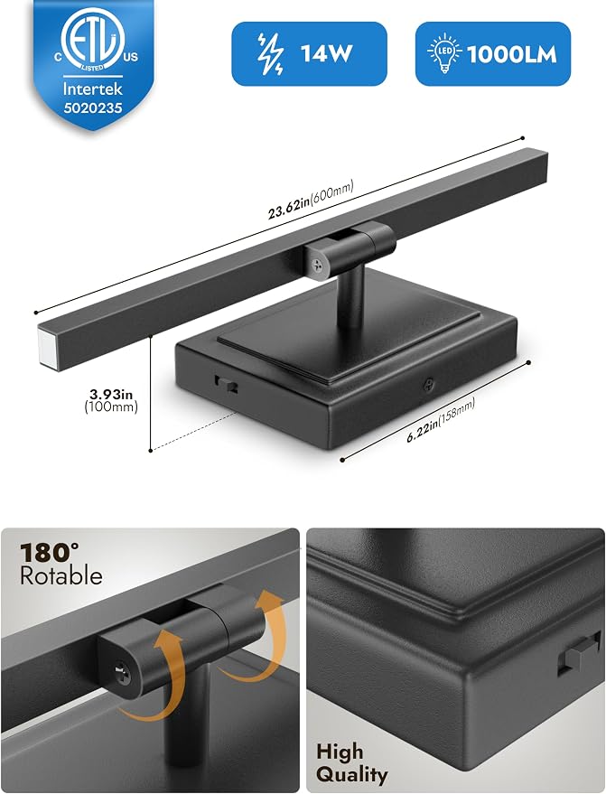 24 Inch Modern Bathroom Light Fixture, 14W 5CCT Dimmable LED Black Bathroom Vanity Lights Over Mirror, Vanity Lights for Bathrooms Restroom Mirror- ETL Certified