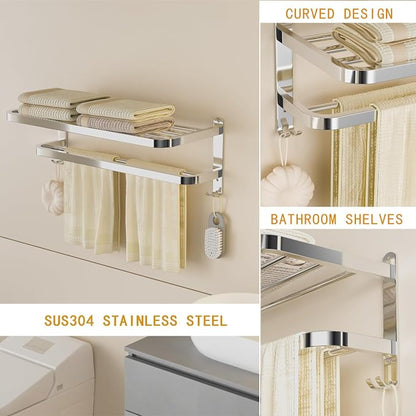 23 Inch Bathroom Towel Rack Towel Shelf with Double Towel Bars Lavatory Wall Mount Holder with Hooks Stainless Steel Hotel Bath Rack