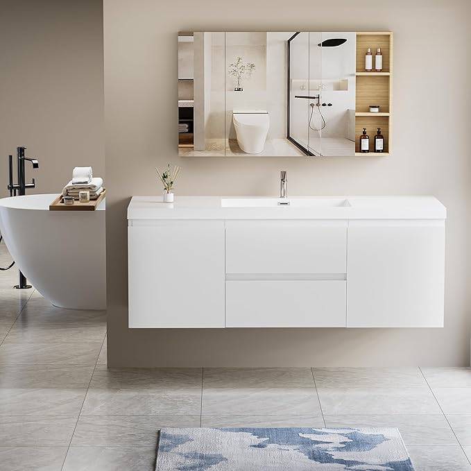 60 Inch Floating Bathroom Vanity with Single Sink, Modern Wall-Mounted Bathroom Vanity Storage Cabinet Organizer with 2 Soft Closing Doors & Drawers (White)
