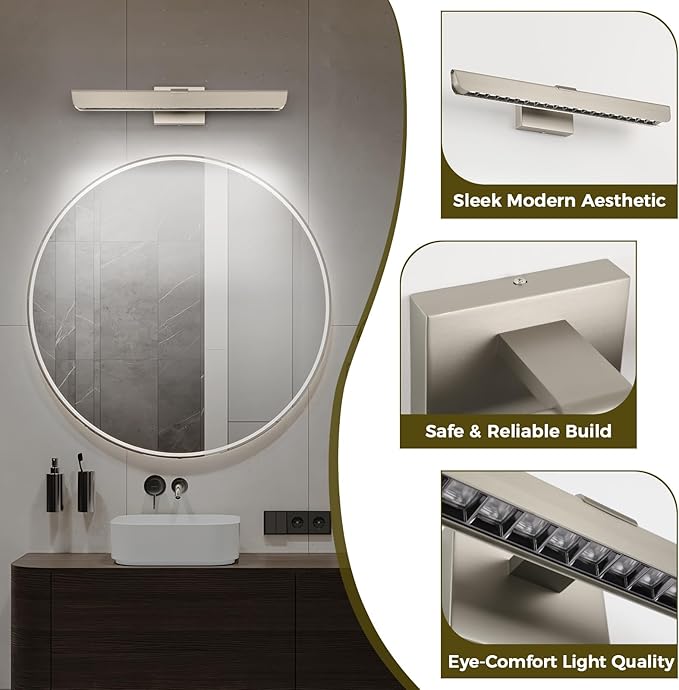 24" Brushed Nickel LED Vanity Light Bar for Bathroom Mirror, Dimmable 6000K White, Modern Wall Fixture for Bathroom & Bedroom Lighting Over Mirror, Hardwired Installation