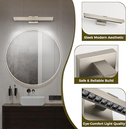 24" Brushed Nickel LED Vanity Light Bar for Bathroom Mirror, Dimmable 6000K White, Modern Wall Fixture for Bathroom & Bedroom Lighting Over Mirror, Hardwired Installation