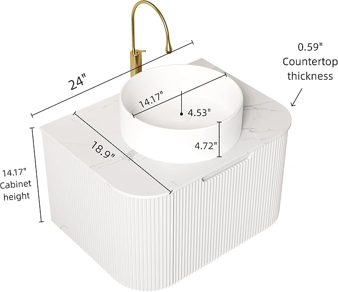 24'' Bathroom Vanities Cabinet with Sink Combo, Wall Mounted Floating Cabinet W/Curved Edges Stripes, Oak Plywood, Soft-Close System with a Drawer, White Round Ceramic Basin - Kiel, White