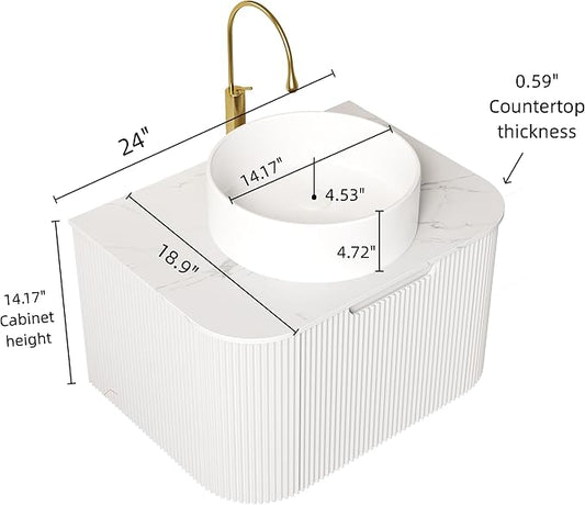 24'' Bathroom Vanities Cabinet with Sink Combo, Wall Mounted Floating Cabinet W/Curved Edges Stripes, Oak Plywood, Soft-Close System with a Drawer, White Round Ceramic Basin - Kiel, White