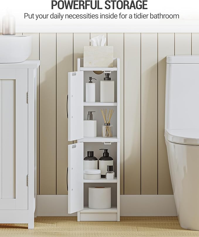 Bathroom Storage Cabinet, Small Corner Floor Cabinet with Door and Shelves, Narrow Bathroom Organizer and Paper Storage with Adjustable Shelves, for Small Spaces, White BC27013X