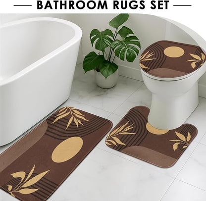 Bathroom Sets with Shower Curtain and Rug Boho 4 Pcs, Mid | Century Abstract Geometric Minimalist Bathroom Decor Set with Toilet Lid Cover, Non-Slip Bath Mats and Accessories 12 Hooks