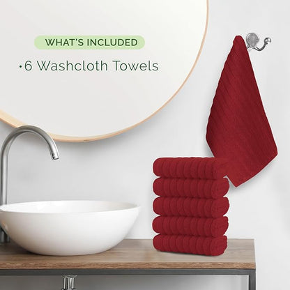 Elegant Comfort 100% Turkish Cotton Corduroy Ribbed Luxury Washcloths 6 Pack Soft 13 x 13 Inch - Higly Absorbent, Durable, Quick Dry, Spa Premium Hotel Quality for Bathroom or Travel, Burgundy