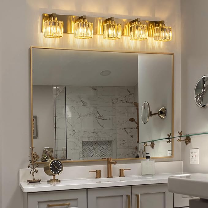Gold Crystal Bathroom Vanity Lights, 5 Lights Bathroom Lighting Fixtures Over Mirror Modern Gold Crystal Wall Light with Square Shade
