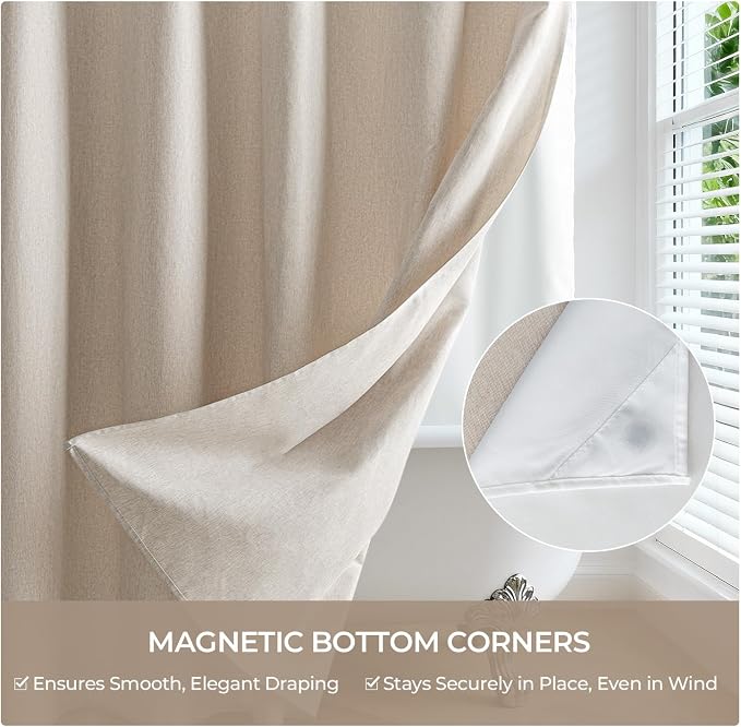 River Dream Linen Textured No Hooks Shower Curtain with Liner,Linen,71x80 | Long,with Snap-in Liner,Heavy Duty Fabric,Quick Dry,Bottom Magnets,Water-Repellent,Washable,Farmhouse Bathroom Set