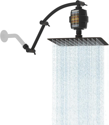 Hibbent 10'' Filtered Rain Shower Head, Extension Arm, Oil Rubbed Bronze | High Pressure Rainfall Showerhead, Brass Adjustable 16" Shower Head Extension Arm, 20 Stage Shower Filter, Fixed Showerheads