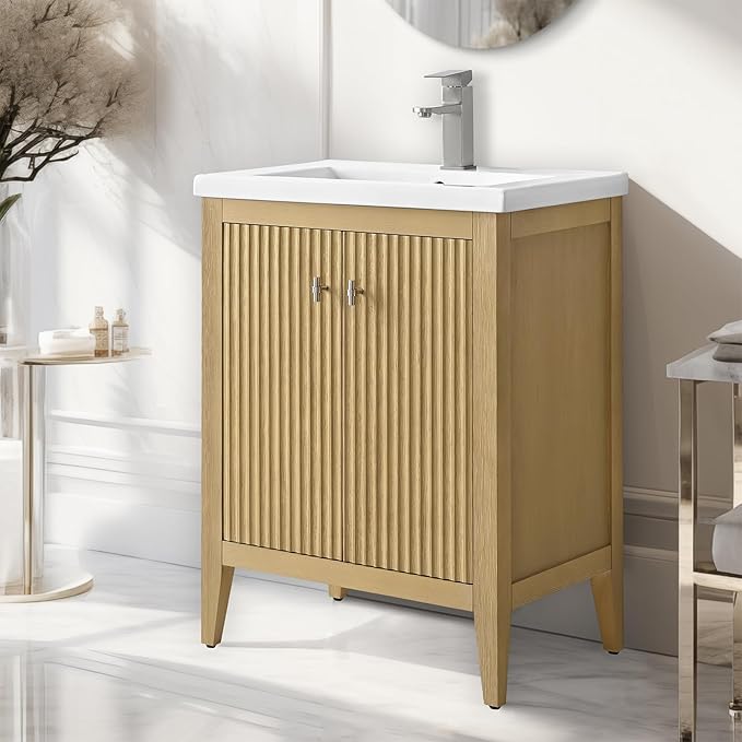 Vanity Art 24 inch Bathroom Vanity with Single Sink & Ceramic Top, Vanity Cabinet with Soft-Closing Door, Solid Wood Frame, Linear Pattern, Natural Oak, Golden Brushed Handware VA9124-NO-GB