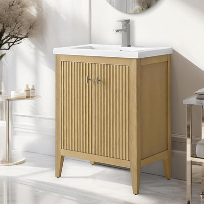 Vanity Art 24 inch Bathroom Vanity with Single Sink & Ceramic Top, Vanity Cabinet with Soft-Closing Door, Solid Wood Frame, Linear Pattern, Natural Oak, Golden Brushed Handware VA9124-NO-GB