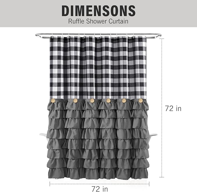 Seasonwood Farmhouse Shower Curtain Grey Shower Curtain with Button Bathroom Decor Black Buffalo Plaid Pattern with Fabric Ruffles Waterproof with 12 Hooks Washable Durable 72"x72"