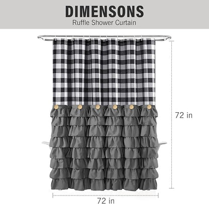 Seasonwood Farmhouse Shower Curtain Grey Shower Curtain with Button Bathroom Decor Black Buffalo Plaid Pattern with Fabric Ruffles Waterproof with 12 Hooks Washable Durable 72"x72"
