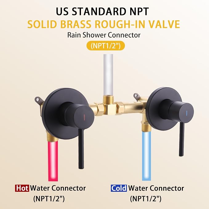 2 Handle Shower Faucet Wall Mounted Two Handles Shower Faucet Set with 8 Modes Rainfall Shower Head and 10 Modes Handheld 2 Knobs Shower Trim Kit with Rough-in Valve, Matte Black