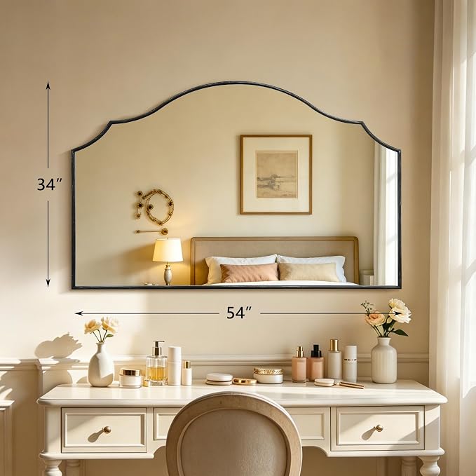 Besdomus Black Scalloped Wall Mirror: 54"x34" Oversized Wood Arched Mirror | Classical Minimalist Decorative Mirror for Fireplace/Bathroom/Bedroom/Entryway/Living Room/Dining Room/Dresser/Over Sink