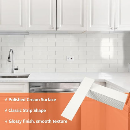 80-Piece Ivory White Thick PVC Peel and Stick Backsplash, 2" x 8" Waterproof Subway Tile Peel and Stick Wall Tiles for Kitchen and Bathroom