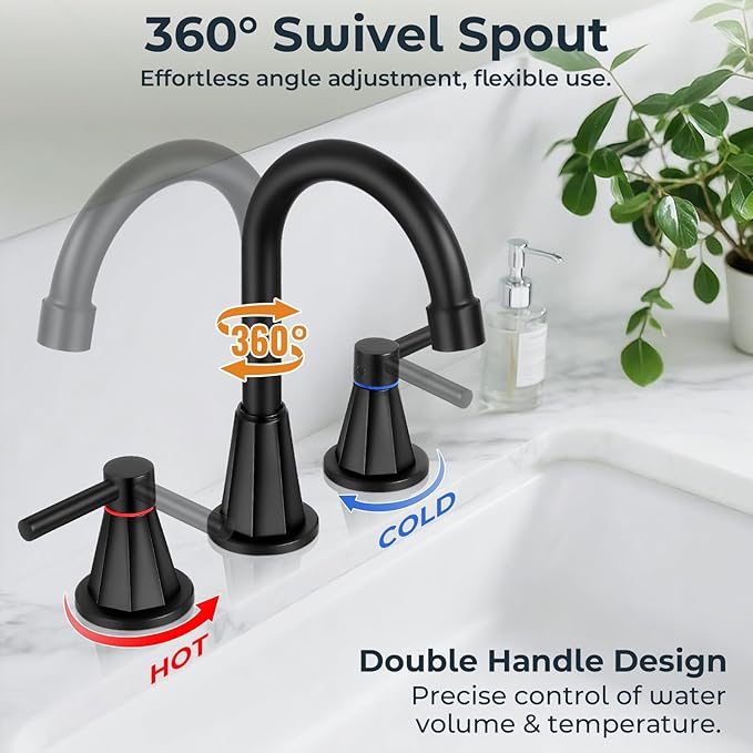 Bathroom Faucets for Sink 3 Hole 8 Inch Widespread 2 Handle Bathroom Faucet with Pop-up Drain and 360° Swivel Spout,Matte Black