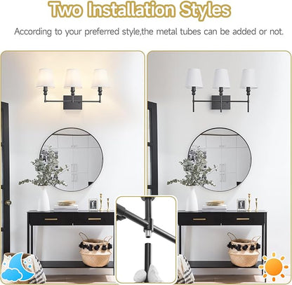 Vanity Lights For Bathroom,23.6 In Black Bathroom Light Fixtures Over Mirror,Vintage 3-Light Vanity Light With Flared White Fabric Lampshade For Bedroom,Hardwired Hallway Sconce Light,E12 Base