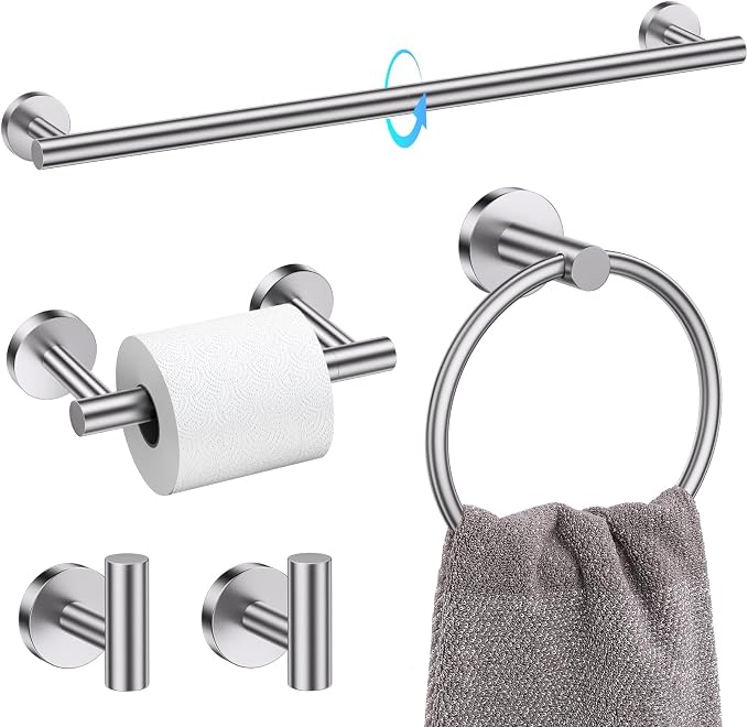 TQKAG Brushed Nickel Toilet Paper Holder, 5 Piece Towel Racks for Bathroom | 23.6" Bathroom Hardware Set, SUS304 Stainless Steel, Double Post Pivoting, Towel Hooks, Toilet Paper Holder Set Wall Mounted