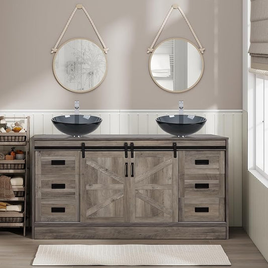 60" Barn Door Bathroom Vanity with 6 Drawers and Two Doors, Farmhouse Style Standing Pedestal Cabinet with Two Grey Glass Vessel Sinks