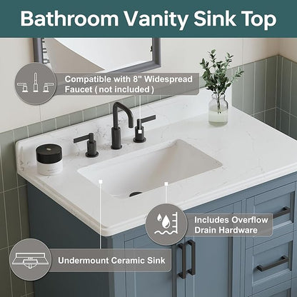36 Inch Bathroom Vanity with Sink, Fully Assembled Bathroom Vanities with Quartz Countertop, 36 Vanity with Sink and Countertop, Soft Closing Doors & Dovetail Drawer, Steel Blue