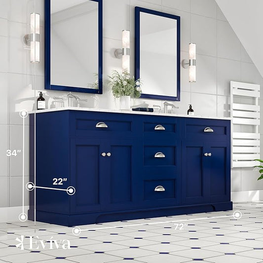 Eviva Epic 72 in. Blue Double Sink Bath Vanity with Carrara Quartz Top and Undermount Porcelain Sinks