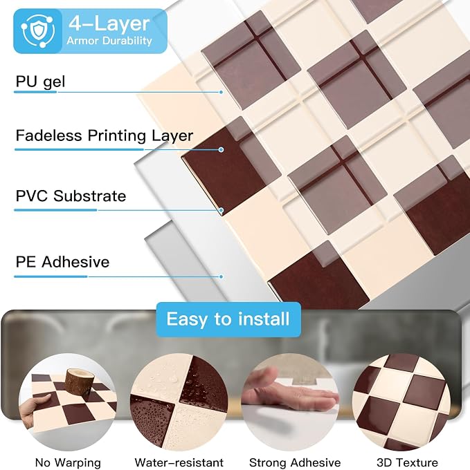 Art3d Grid Peel and Stick Backsplash, 10-Pack, Red Brown and Warm White | 12 x 12 Inch, Enhanced Thickness, Superior Adhesion, Moisture Resistant, Long-Lasting, Minimalist Look, for Kitchen Decor