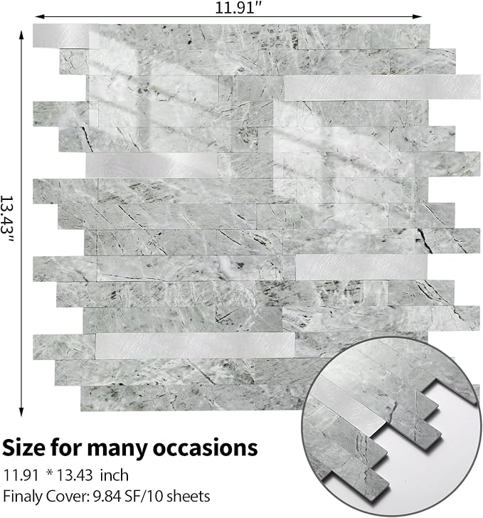 Yipscazo 20 Sheets Peel and Stick Stone Metal Tile Backsplash, Stick on Tiles for Backsplash Kitchen, Bathroom, Laundry Room, Camper, Fireplace (12'' X 12'', Polished Gray)