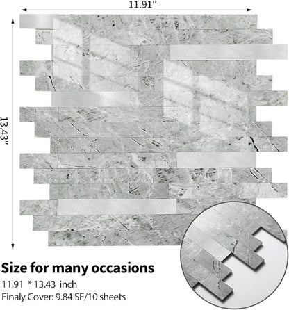 Yipscazo 10 Sheets Peel and Stick Stone Metal Tile Backsplash, Stick on Tiles for Backsplash Kitchen, Bathroom, Laundry Room, Camper, Fireplace (12'' X 12'', Polished Gray)