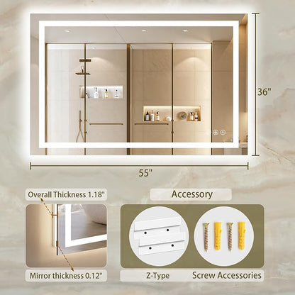 36"x55" LED Bathroom Mirror with Lights, Anti-Fog, Backlit+Frontlit | CRI 95, Stepless Dimmable, 3 Colors Lighting, Shatterproof Tempered Glass, HD Reflection, Memory, (Horizontal/Vertical)