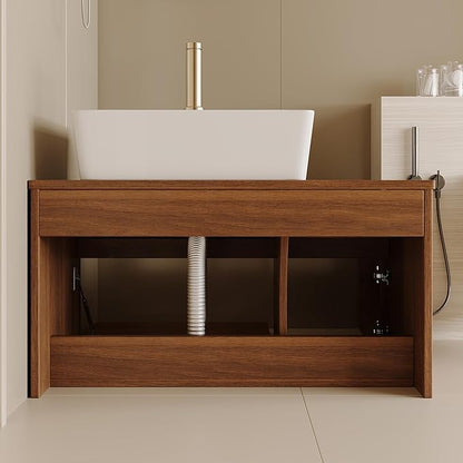 31.5" Floating Bathroom Vanity with Sink and Drawer, Soft Closing, Solid Wood Mid Century Modern Single Bathroom Vanity Cabinet with Storage, Wall Mounted (Walnut)